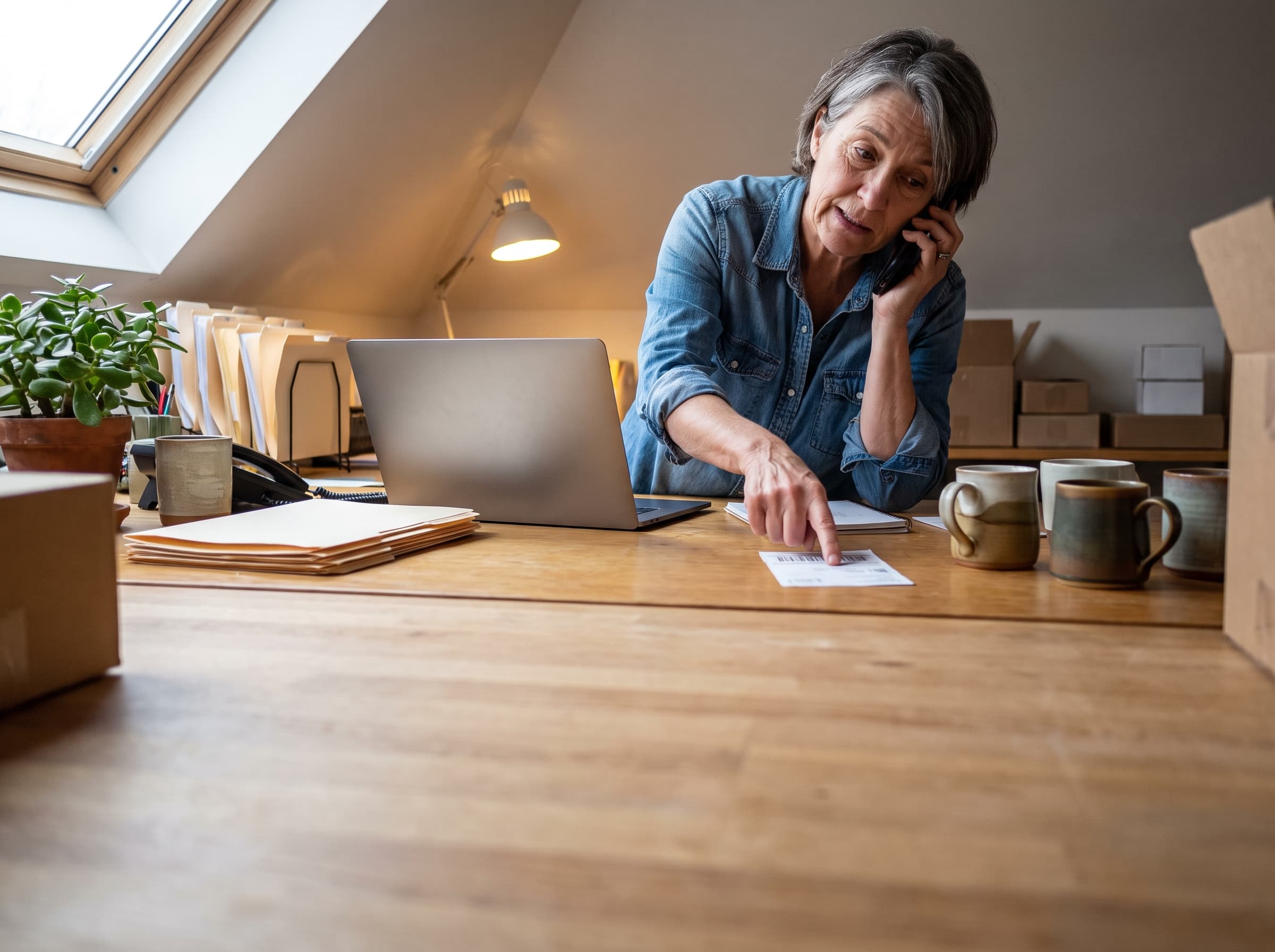 Owner on the phone, pointing at a packing slip next to her laptop