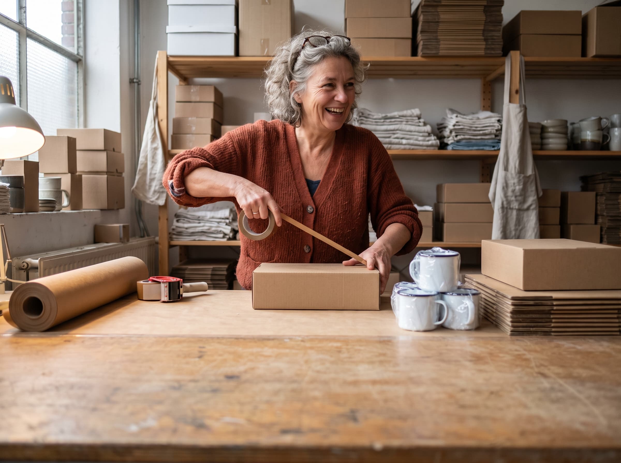 Shop owner taping up a parcel on a workbench full of boxes