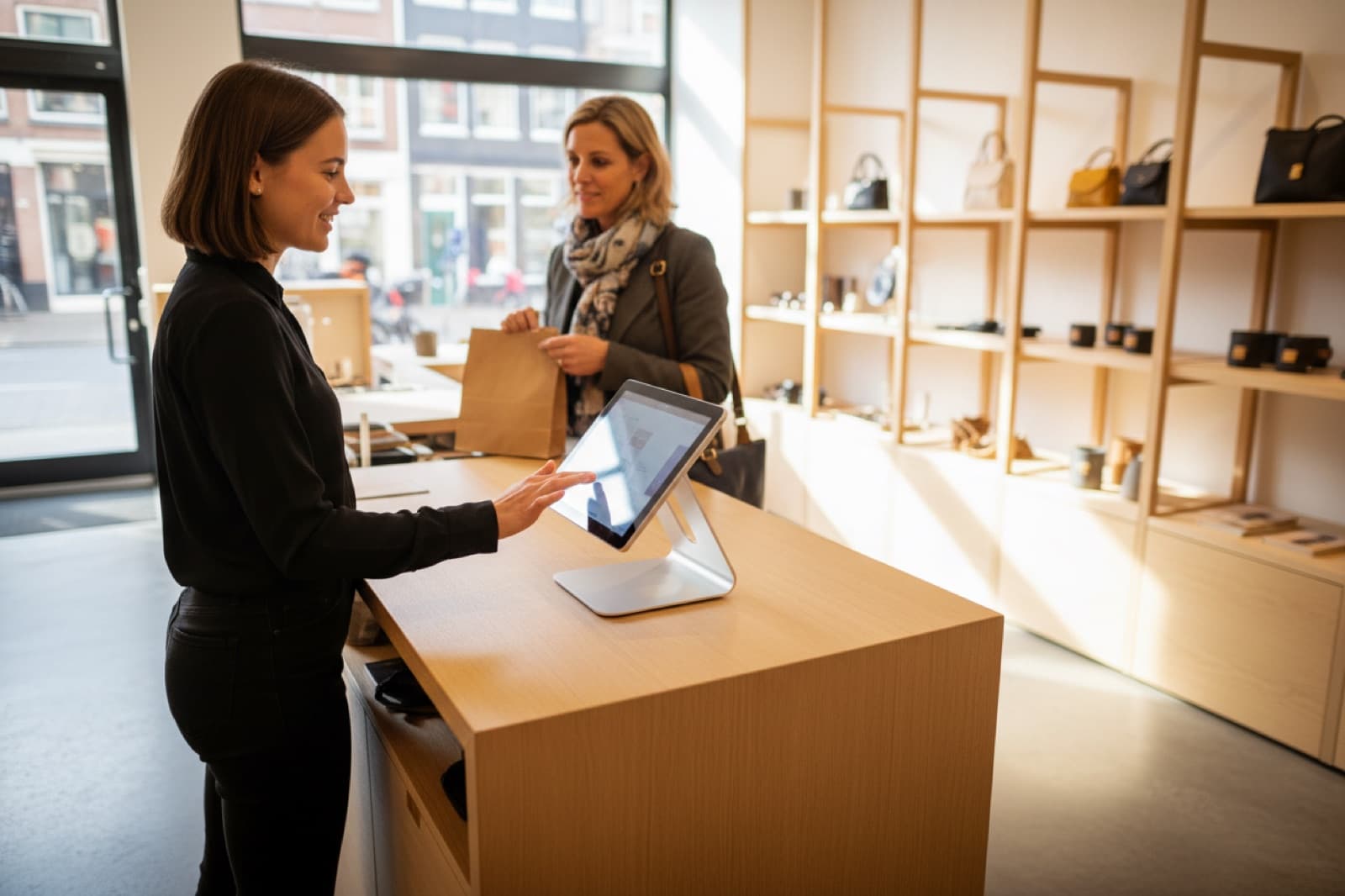 Winkelmedewerker helpt een klant bij de kassa